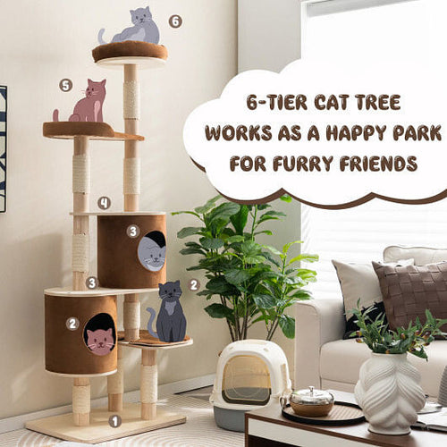 6-Tier Wooden Cat Tree with 2 Removeable Condos Platforms and Perch-Brown